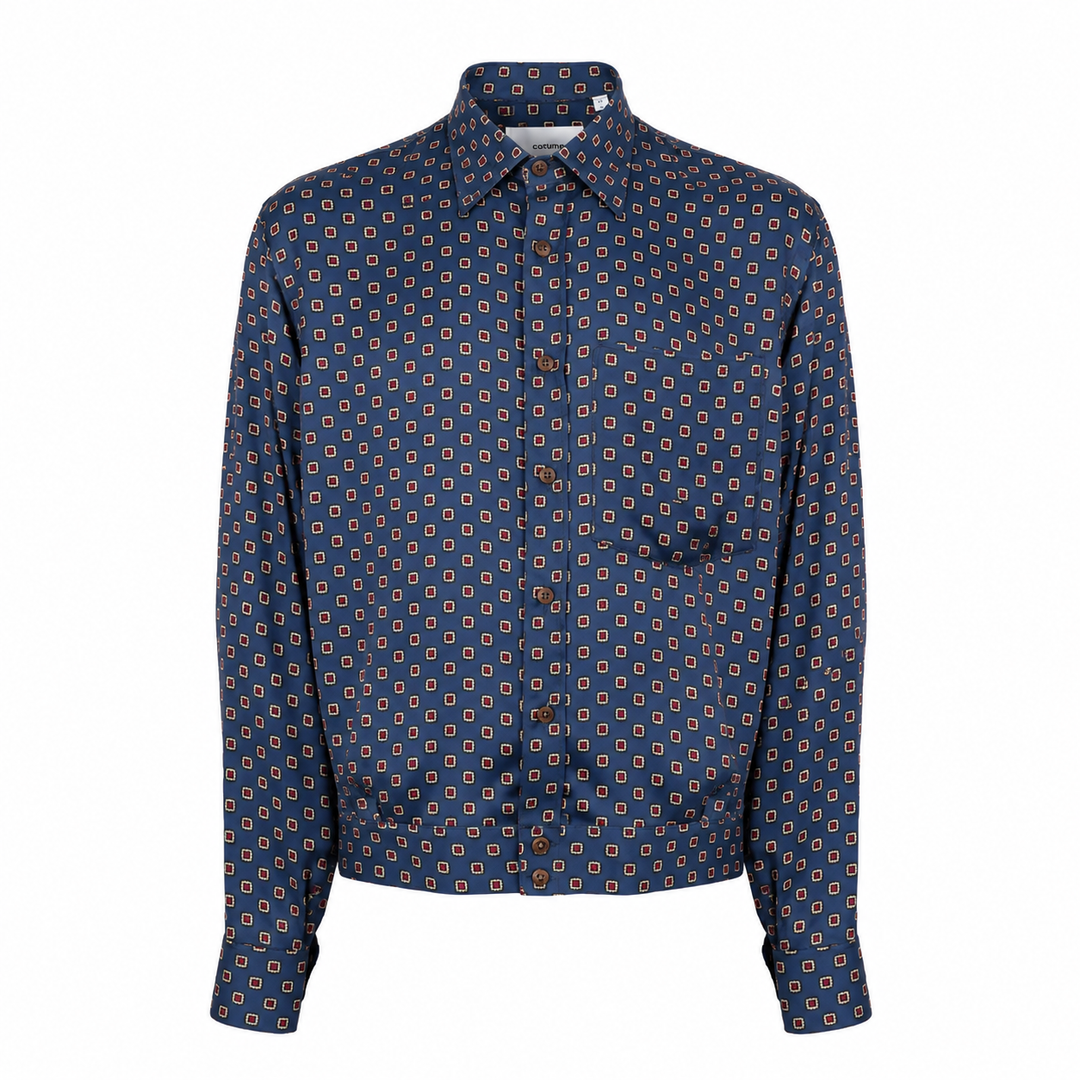 Camicia crop Jerome con microfantasia su base blu in viscosa