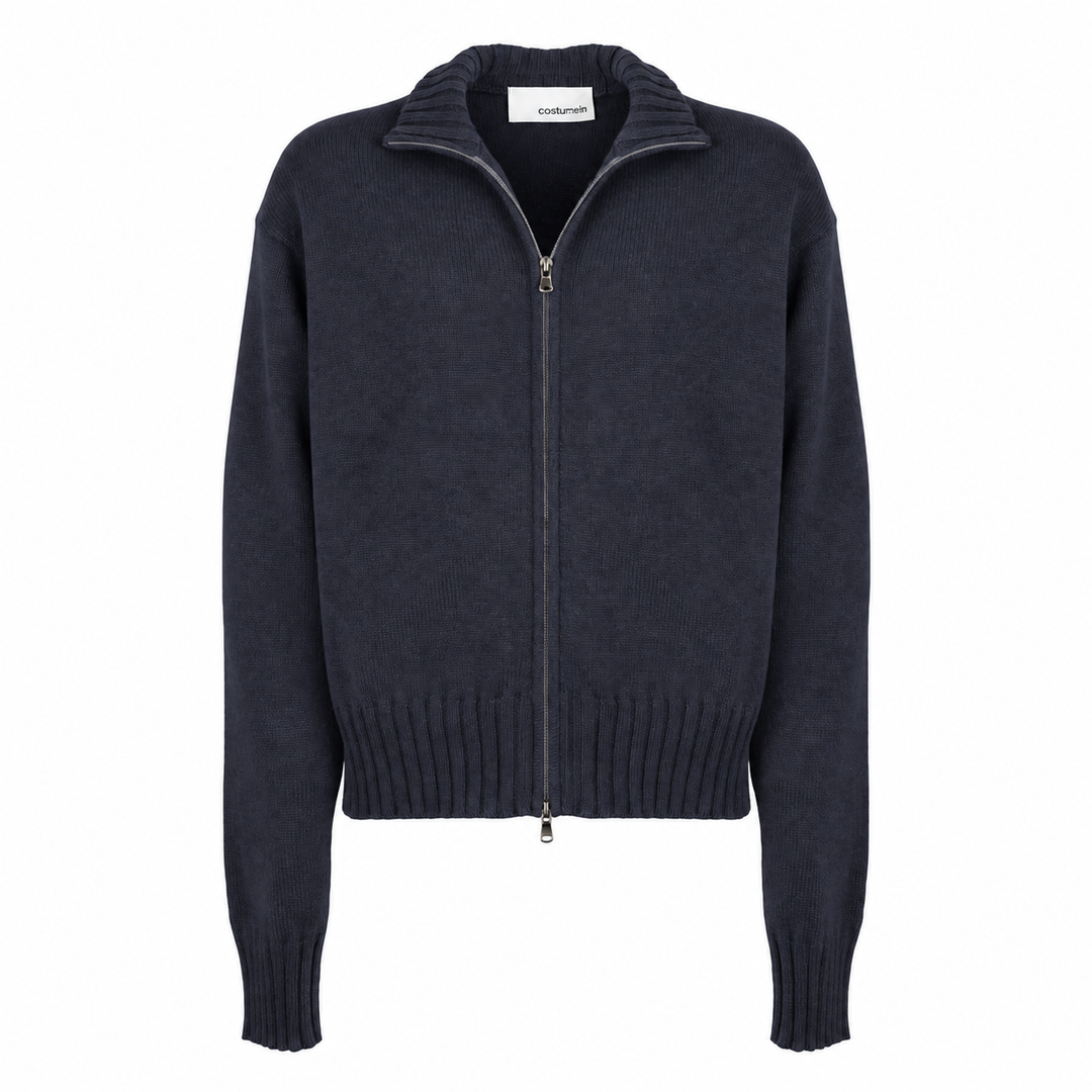 Cardigan Zippy con zip e collo alto blu in cashmere