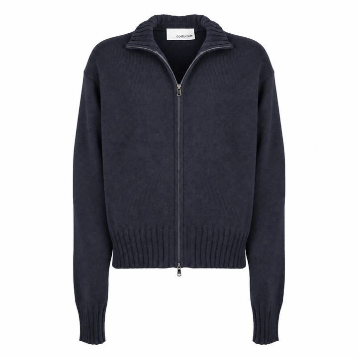 Cardigan Zippy con zip e collo alto blu in cashmere