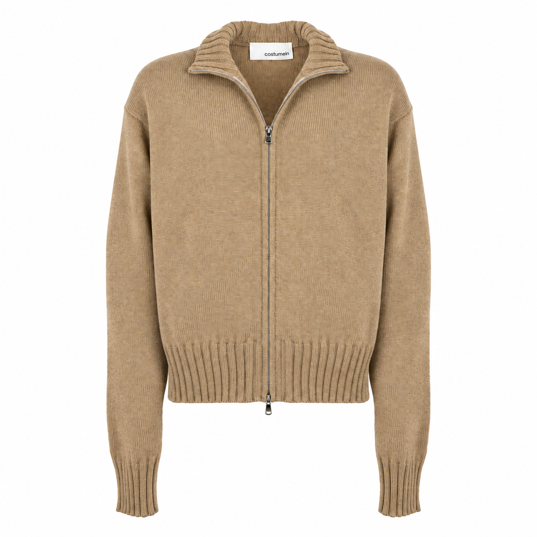 Cardigan Zippy con zip e collo alto senape in cashmere
