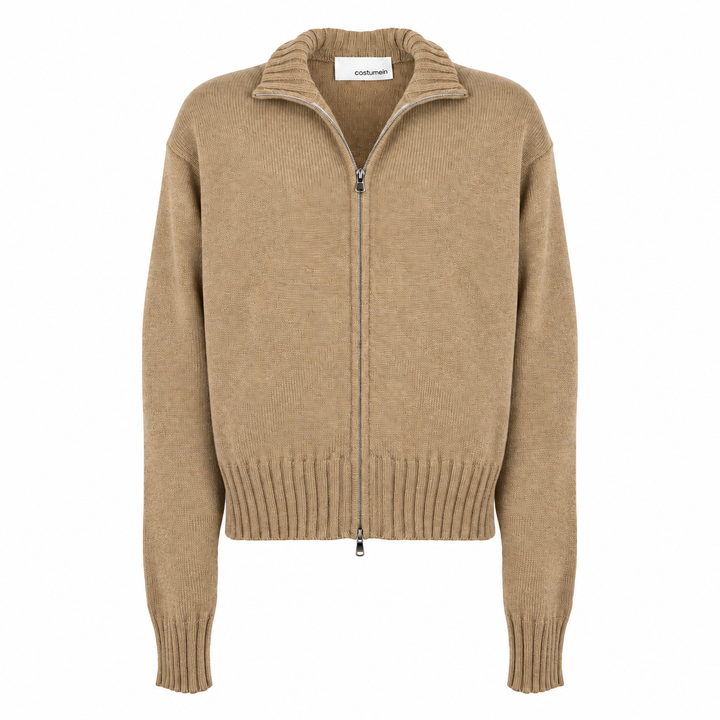 Cardigan Zippy con zip e collo alto senape in cashmere