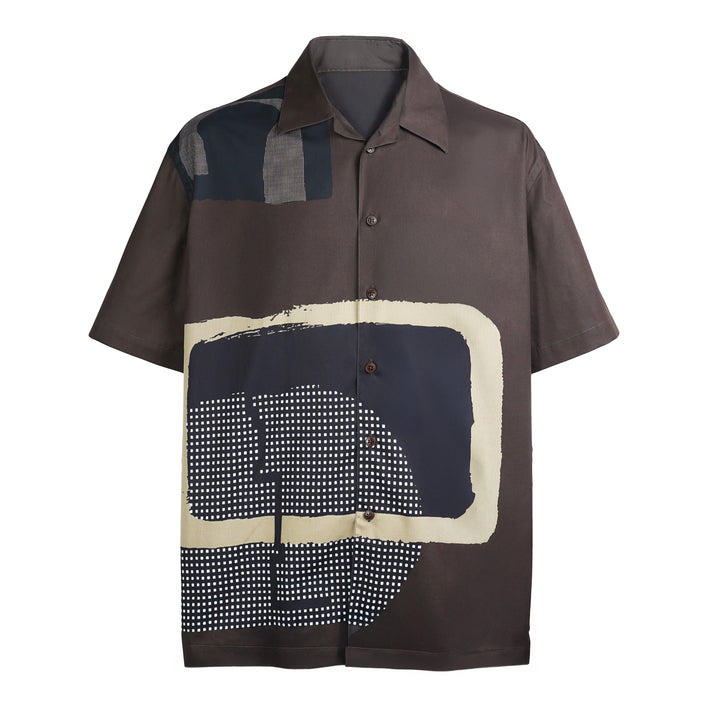 Camicia Rowen con stampa geometrica su fondo marrone in cotone