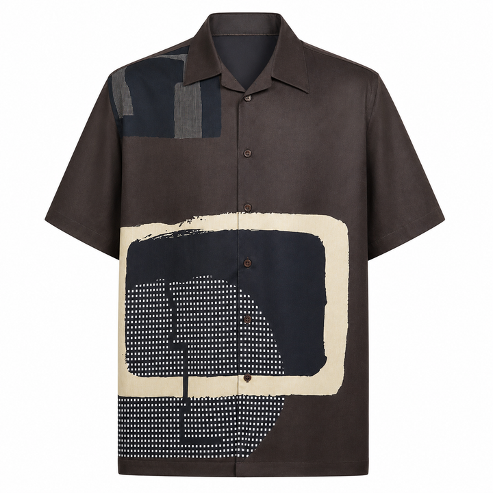 Camicia Rowen con stampa geometrica su fondo marrone in cotone