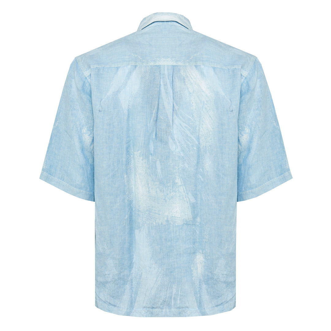 Camicia Stefano a maniche corte base celeste con stampe in lino