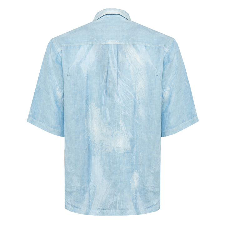 Camicia Stefano a maniche corte base celeste con stampe in lino