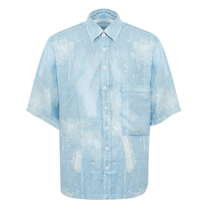 Camicia Stefano a maniche corte base celeste con stampe in lino