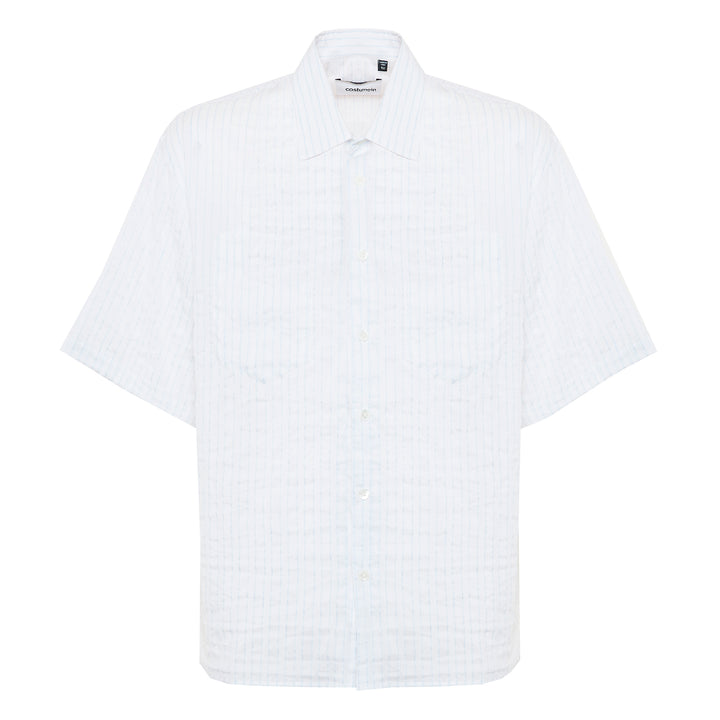 Camicia Eric a righe azzurre in misto cotone, seta e lino